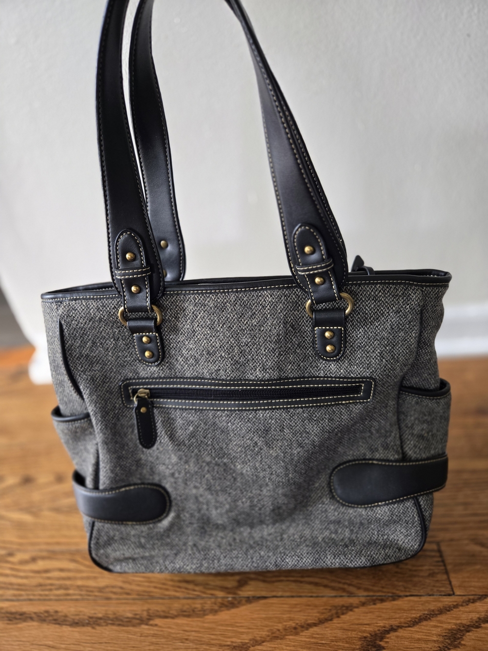 Chaps Gray Tweed Tote with Black Trim and Brass Accents